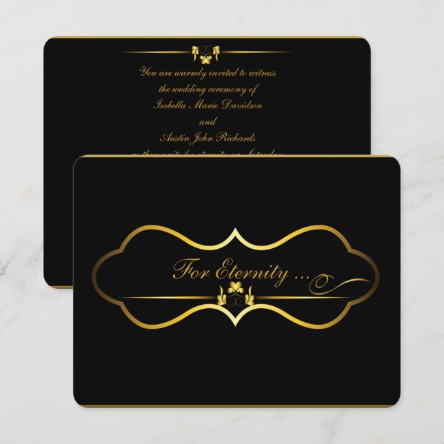 Convites design de casamento preto e dourado contemporâneo (Frente/Verso)