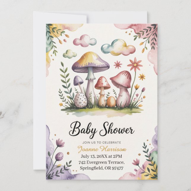 Convites Design de Chá de Bebê com Cogumelos em Aquarela (Frente)