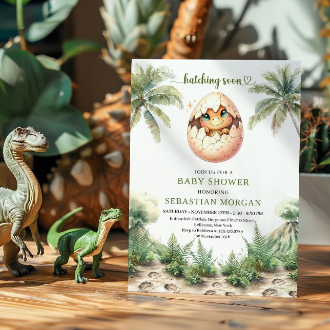 Convites Design de chá de bebê de dinossauro eclodindo em b (Modern hatching soon dinosaur baby shower design

)