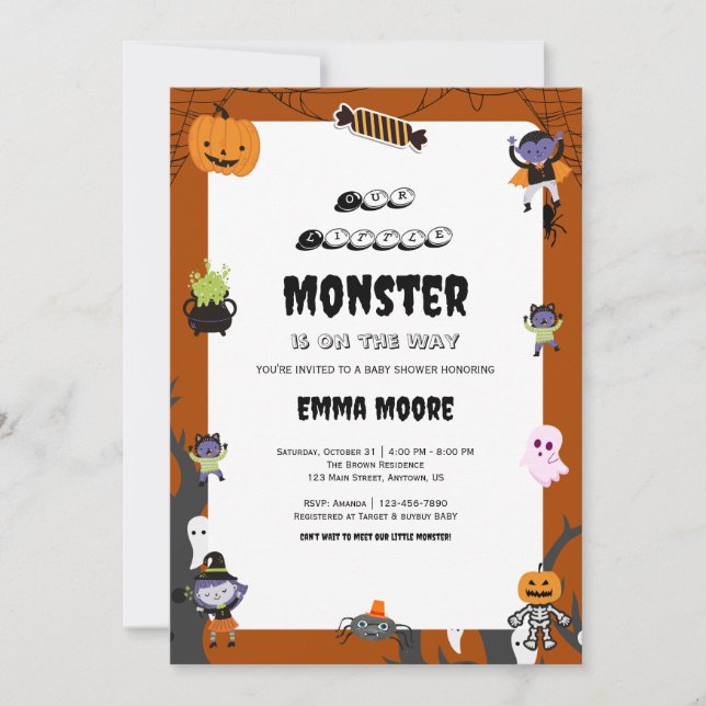 Convites Design de Chá de Bebê de Monstro de Halloween Fofo (Frente)