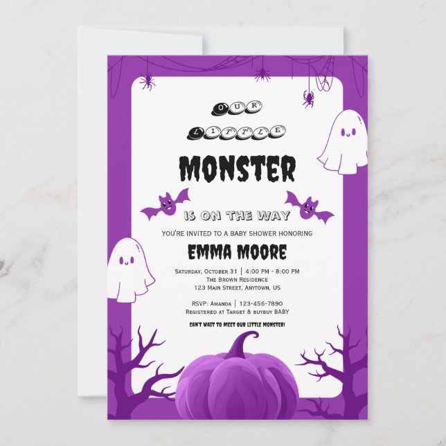 Convites Design de Chá de Bebê do Monstro de Halloween Roxo (Frente)
