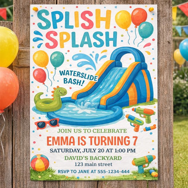 Convites Design de Festa de Aniversário com Pista de Esqui  (Splash Splash Birthday Invitation Water Slide Pool Party for Kids)