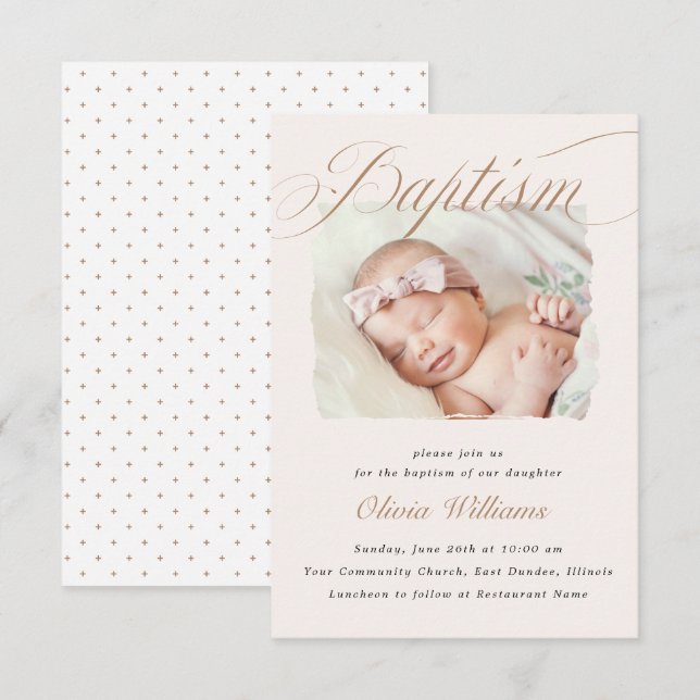 Convites Design de Foto de Batismo Soft Blush Taupe (Frente/Verso)