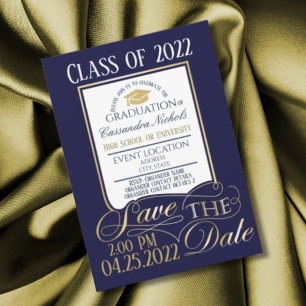 Convites Design de Graduação Elegante, Dourado, Branco e Az