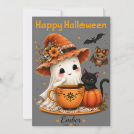 Convites Design de Halloween de Fantasma Fofo e Gato Preto