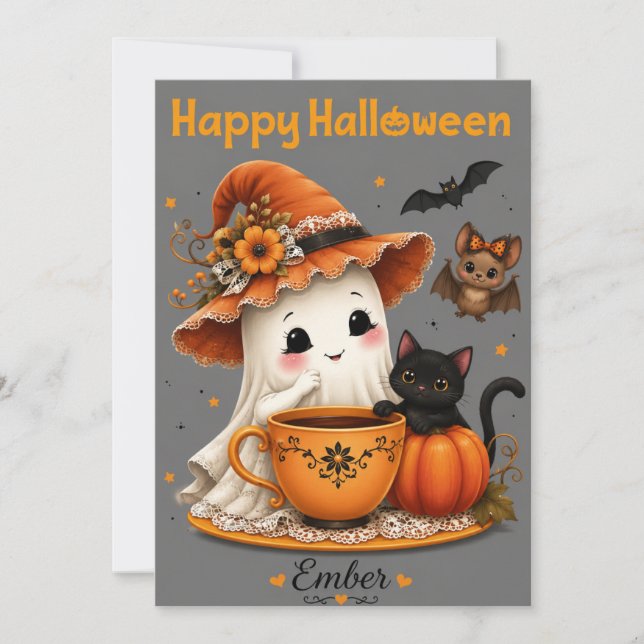 Convites Design de Halloween de Fantasma Fofo e Gato Preto (Frente)