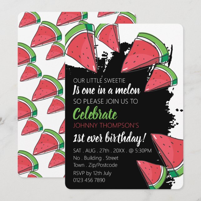 Convites Design de melancia, um em um melão, primeiro anive (Frente/Verso)