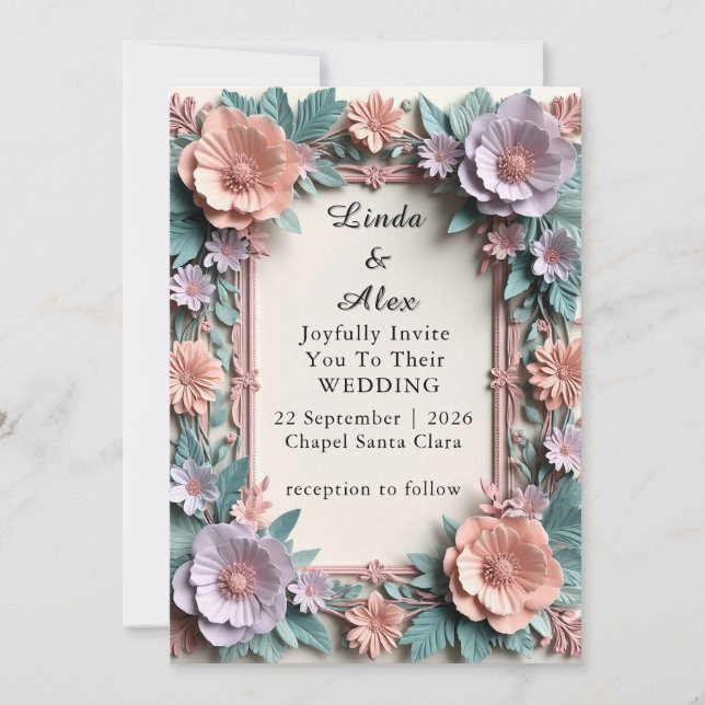 Convites 🌿 Design de Moldura de Casamento Floral Suave 🌿 (Frente)