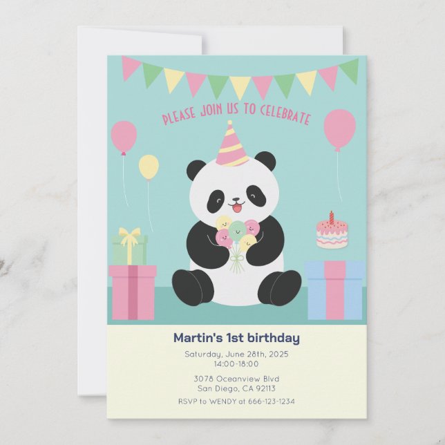 Convites Design de Panda doce com Rosa & Verde-mint (Frente)
