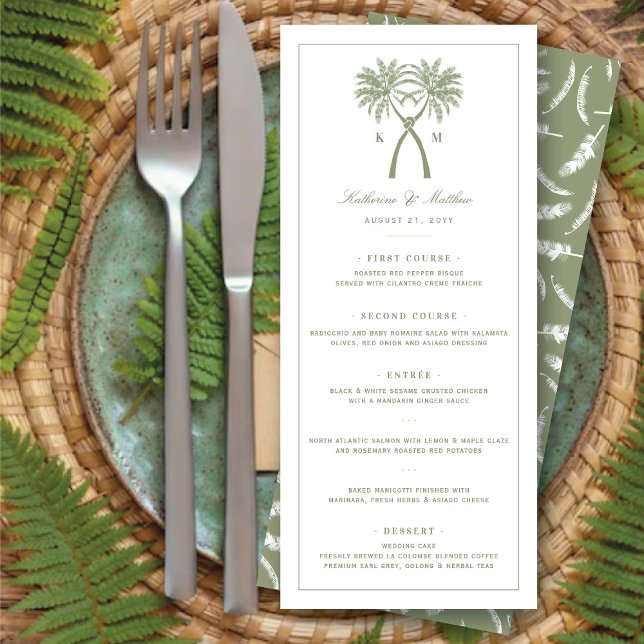 Convites Design do Menu Casamento Tropical Palm Trees (Knotted Palm Trees Monogram Tropical Destination Wedding Menu Card @ fatfatin_blue_knot)