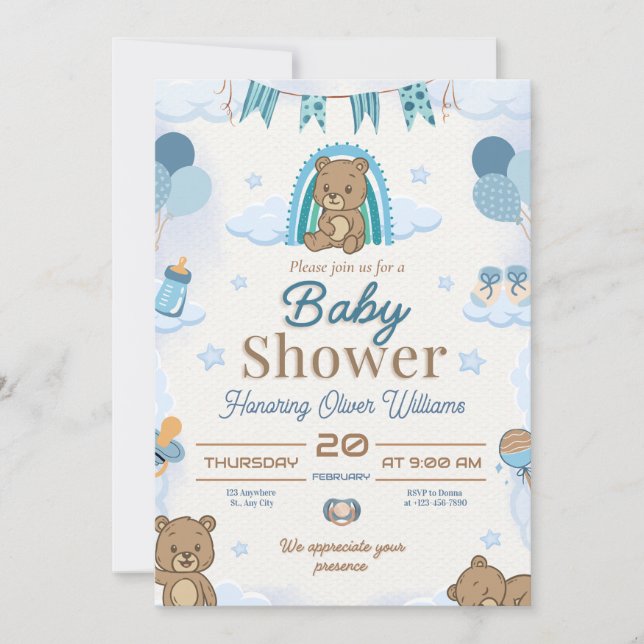 Convites Design Editável de Chuvada de Bebê Urso Teddy Azul (Frente)