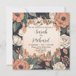 Convites Design Floral Chic com Acentos Coral e Creme