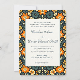 Convites Design Floral Moderno em Verde-Azul e Laranja