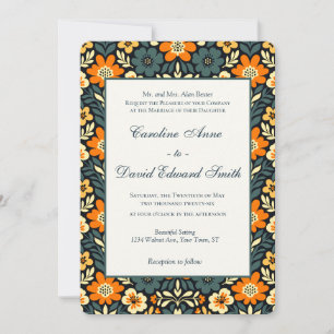 Convites Design Floral Moderno em Verde-Azul e Laranja
