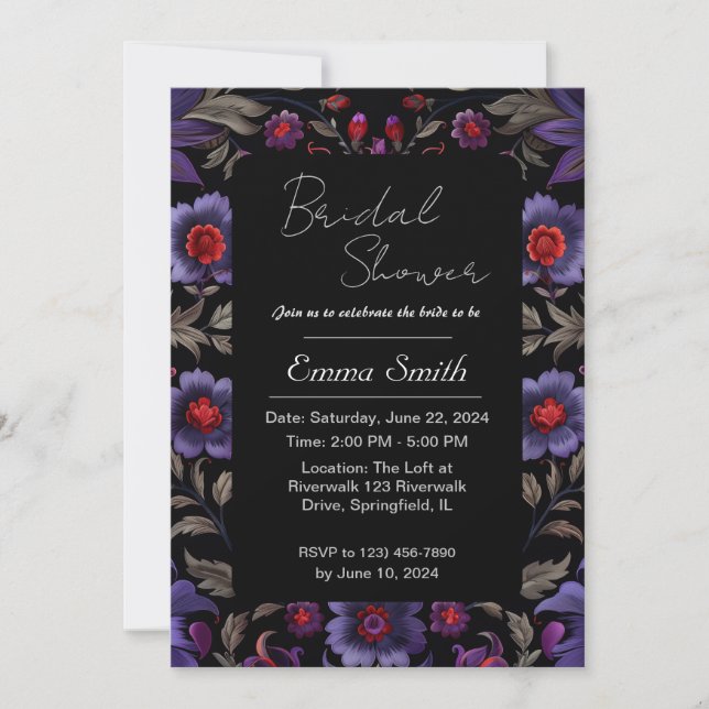 Convites Design floral preto e roxo, moderno, escuro (Frente)