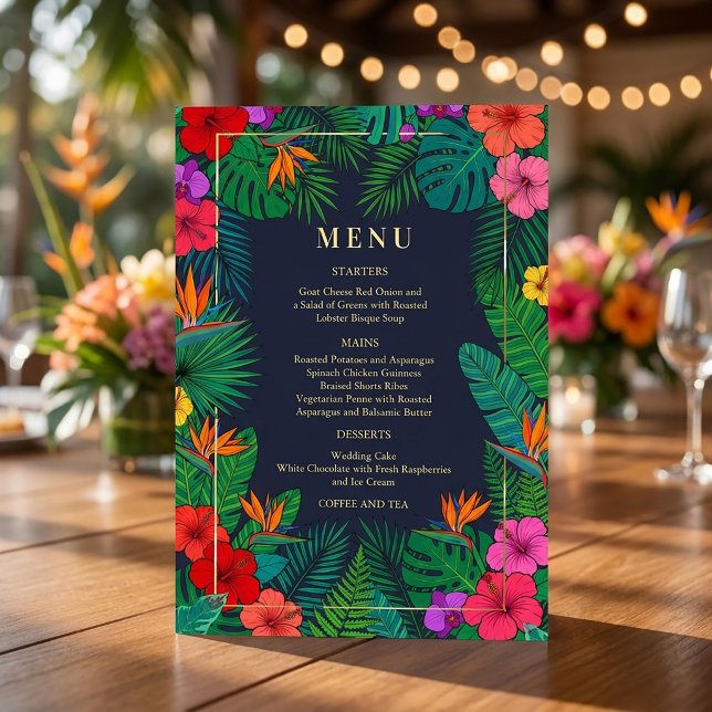 Convites Design Floral Tropical | Menu de Hibisco e Folhage (#tropicalwedding #weddingdinner#hibiscus #beachwedding #destinationwedding #floralimenu)