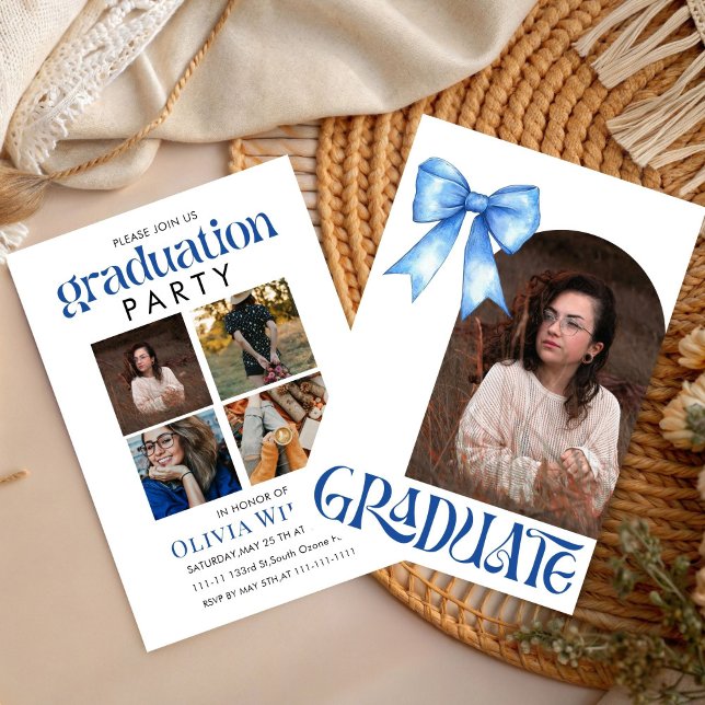 Convites Design Simples de Graduação com Laço Azul e Fotos (Criador carregado)