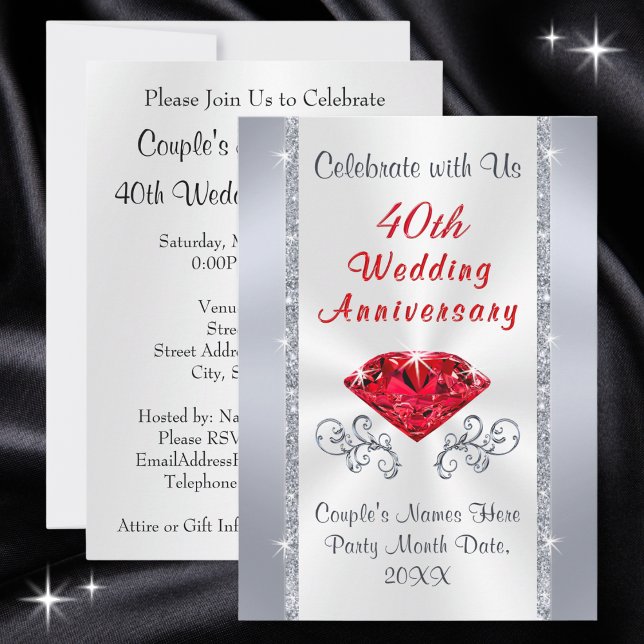 Convites Deslumbrantes de Aniversário de 40 Anos d (Personalised 40th wedding anniversary invitations. Ruby themed anniversary party. Ruby anniversary.)