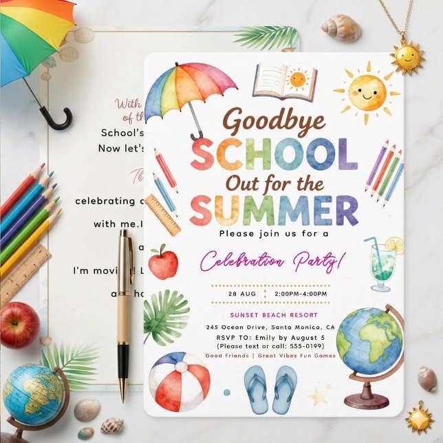 Convites Despedida de Aquarela Escola Fechada Para o Verão  (Criador carregado)