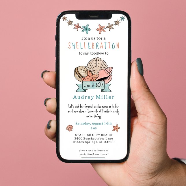 Convites Despedida de Partida de Graduado Concha Marinha (Sized for easy texting!)