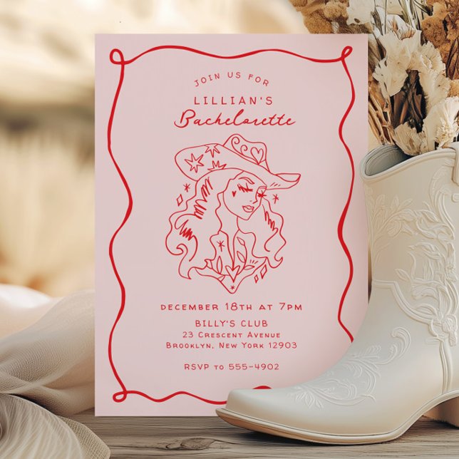 Convites Despedida de Solteira Cowgirl Caprichosa Rosa Verm (Criador carregado)