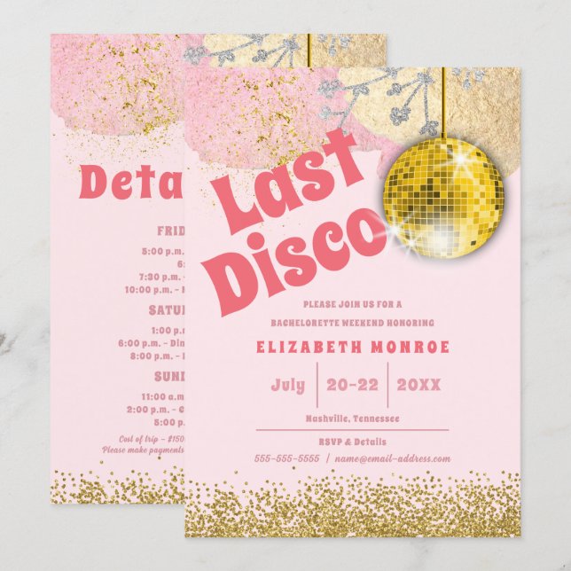 Convites Despedida de Solteira Glam Retro Disco Rosa Dourad (Frente/Verso)