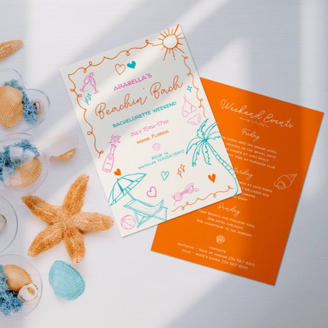 Convites Despedida de Solteira na Praia | Itinerário, Diver (Hand drawn coastal theme bachelorette in fun orange, pink & teal, placed next to decorative shells. )