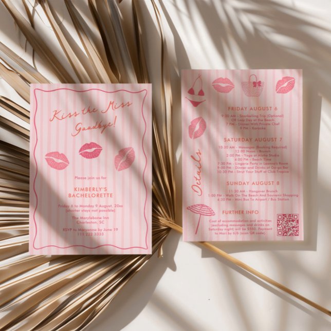 Convites Despedida de Solteira Tendo um Beijo de Adeus à Se (Modern Trendy Kiss the Miss Goodbye Pink Bachelorette Weekend Itinerary Invitations)