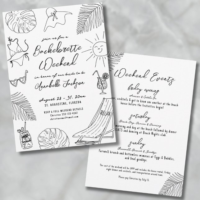Convites Despedida de Solteira Tropical Desenhada à Mão Exc (Quirky Hand Drawn Tropical Beach Bachelorette Invitation)