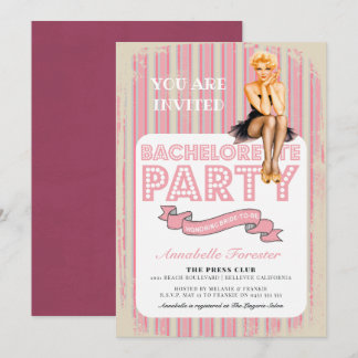 Convites Despedida de solteira Vintage Pink Stripe Retro Pi