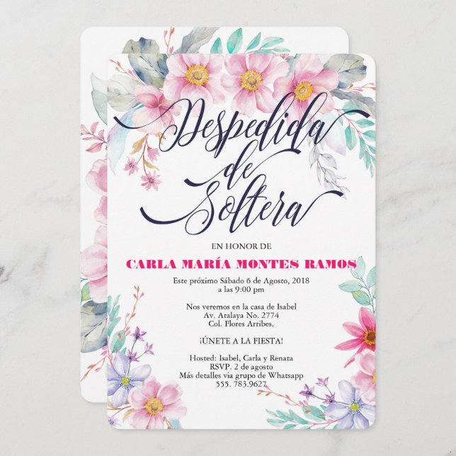 Convites Despedida de Soltera - convite, En español (Frente/Verso)