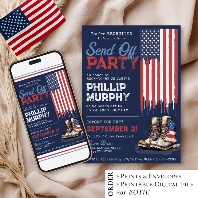 Convites Despedida Militar Botas de Bandeira dos EUA Festa  (Digital patriotic red white and blue American flag combat boots military send off party invitation)