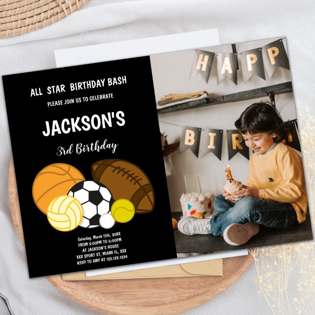 Convites desportivos pretos com foto (Black Sports Invitations with photo)