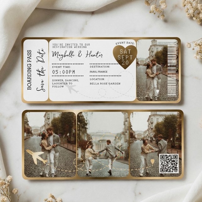 Convites Destination Wedding Boarding Pass Gold Ticket QR (Destination Wedding Boarding Pass Gold Ticket QR Invitation)