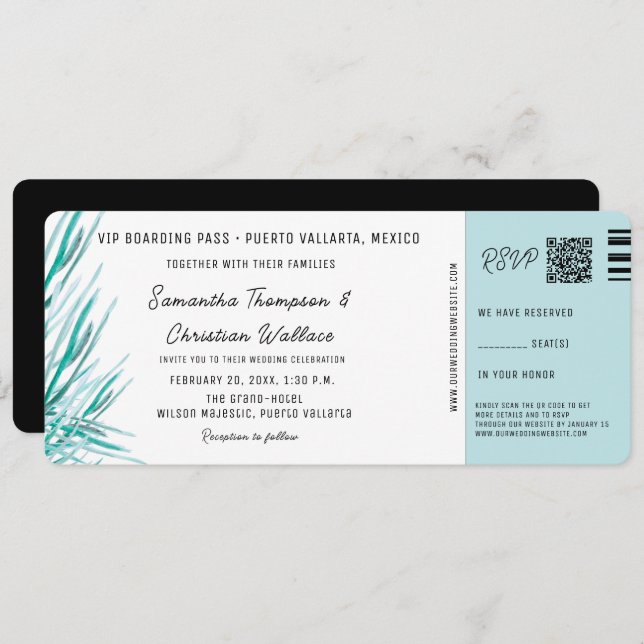 Convites Destination Wedding Boarding Pass Tropical palm (Frente/Verso)