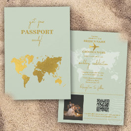 Convites Destino Casamento do World Passport Sage Green Dou