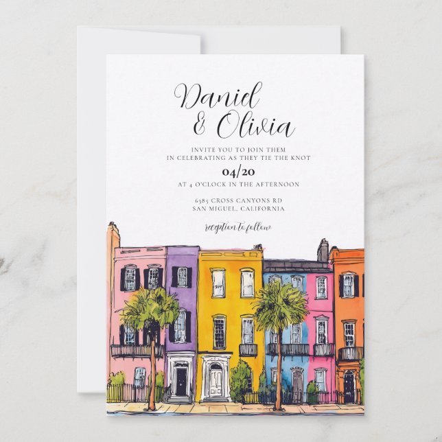 Convites Destino de Casamento com Aquarela de Charleston (Frente)