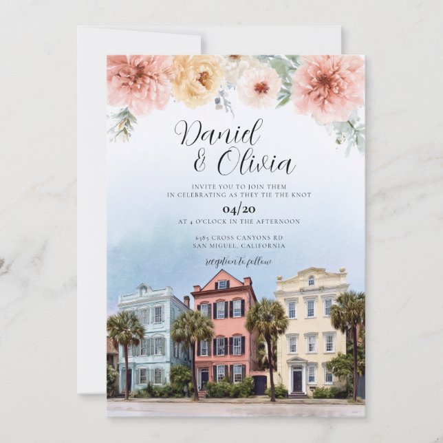 Convites Destino de Casamento com Aquarela de Charleston (Frente)