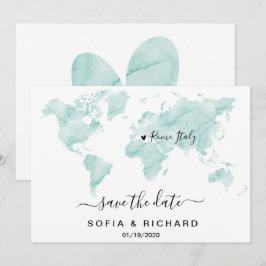 Convites Destino de Casamento Mapa Mundial Aquarela Coração