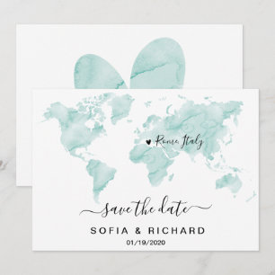 Convites Destino de Casamento Mapa Mundial Aquarela Coração