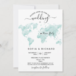 Convites Destino de Casamento Mapa Mundial Aquarela Coração