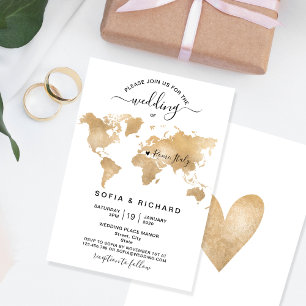 Convites Destino de Casamento Mapa Mundial Dourado Coração