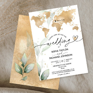Convites Destino de Casamento Mapa Mundial Floral Dourado