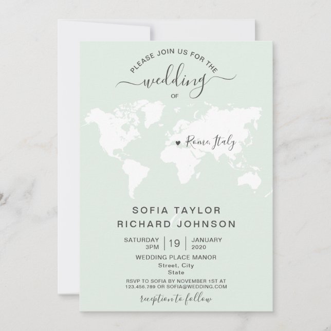 Convites Destino de Casamento Minimalista Simples Mapa Mund (Frente)