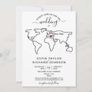 Convites Destino de Casamento Minimalista Simples Mapa Mund