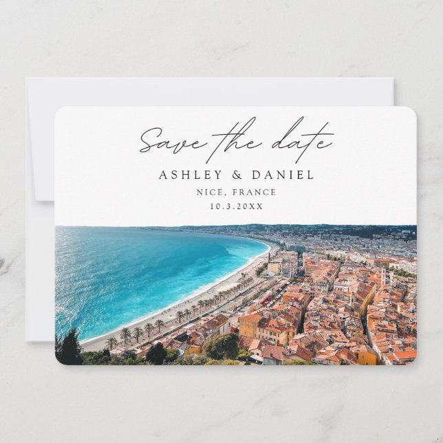 Convites Destino de Casamento Nice França Salve a Data (Frente)