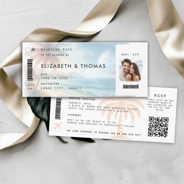 Convites Destino de Praia Embarque Pass QR Todos Um Casamen (beach destination wedding invitation boarding pass qr code all in one tropical watercolor)