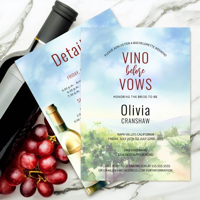 Convites Destino do Provando de Vinho festa de solteira (Bachelorette party wine tasting destination invitation front and back view.)