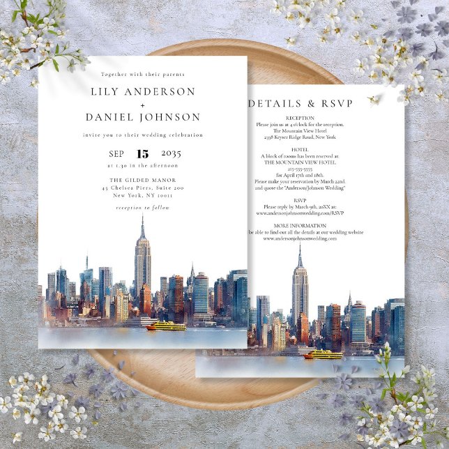 Convites Destino Skyline De Nova York Em Um Único Casamento (New York Skyline Destination All In One Wedding Invitation)