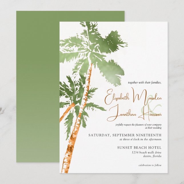 Convites Destino Tropical de Cobre das Palmeiras de Praia (Frente/Verso)